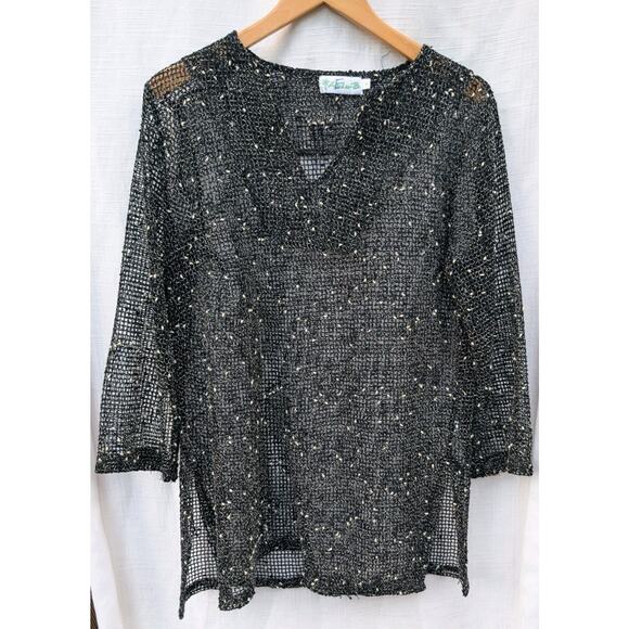 Lulu-B Net Mesh Top Black White M Mermaid Fishnet Coastal Opel Knit Sharkbite - Picture 1 of 4